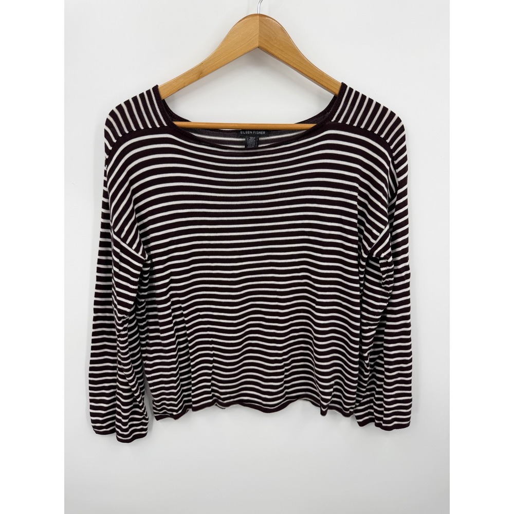 Eileen Fisher Striped Tencel Knit Top seamless sleek brown White Long Sleeve